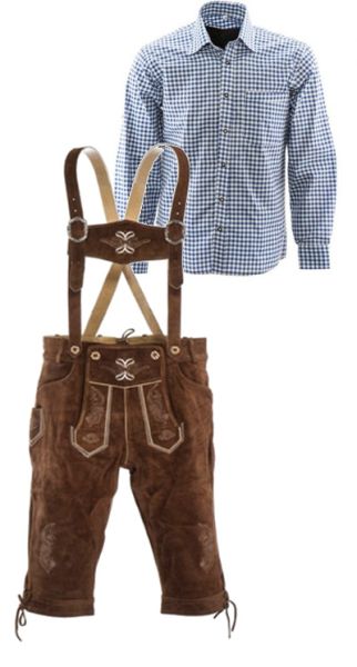 Lederhosen set F (golden brown trousers + blue shirt)